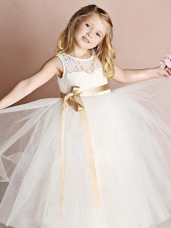 Floor-Length Sleeveless Sash/Ribbon/Belt Scoop Tulle A-Line/Princess Flower Girl Dresses