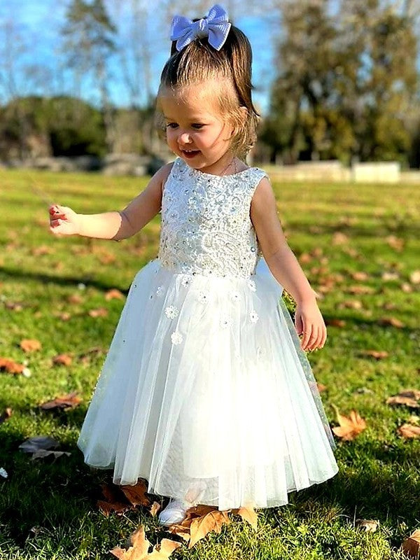 Sleeveless Scoop Bowknot Tulle Ankle-Length A-Line/Princess Flower Girl Dresses