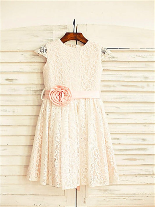 Hand-made Short Flower A-line/Princess Sleeves Lace Tea-Length Scoop Flower Girl Dresses