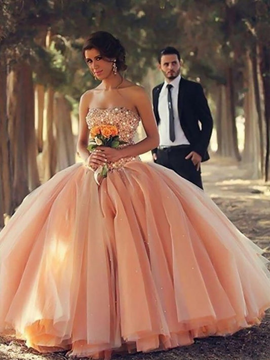 Beading Sleeveless Strapless Gown Ball Floor-Length Tulle Dresses