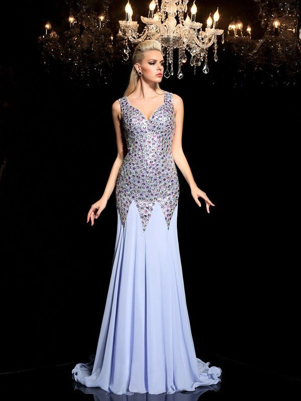 Rhinestone Sleeveless Sheath/Column Straps Long Chiffon Dresses