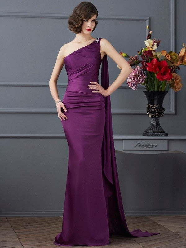 One-Shoulder Sheath/Column Sleeveless Long Chiffon Dresses