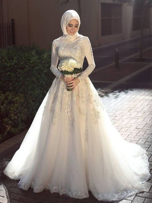 Sleeves Jewel Ball Sweep/Brush Gown Long Applique Train Tulle Wedding Dresses