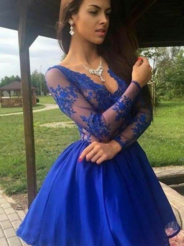 Homecoming Dresses Isabel A-Line/Princess Chiffon V-neck Applique Long Sleeves Short/Mini Dresses