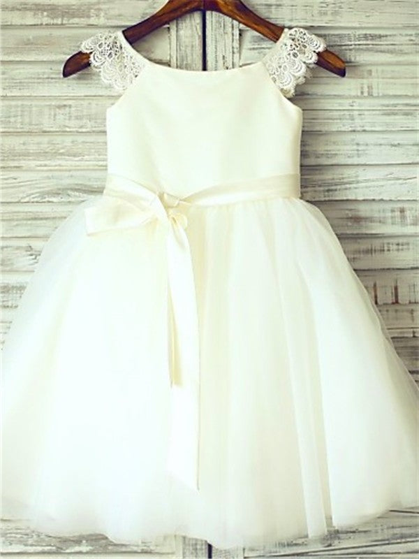 A-line/Princess Sash/Ribbon/Belt Knee-Length Scoop Sleeveless Tulle Flower Girl Dresses