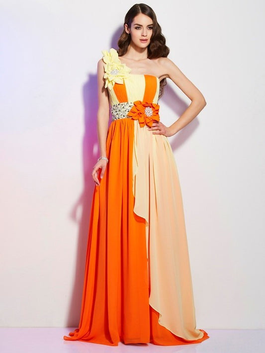 One-Shoulder Sleeveless Beading A-Line/Princess Long Chiffon Dresses