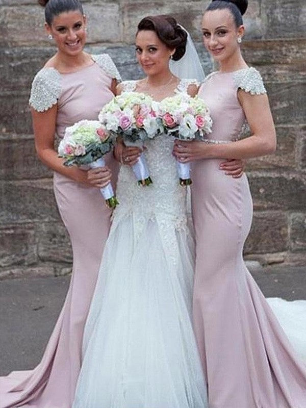 Trumpet/Mermaid Bateau Train Sleeveless Sweep/Brush Beading Satin Bridesmaid Dresses