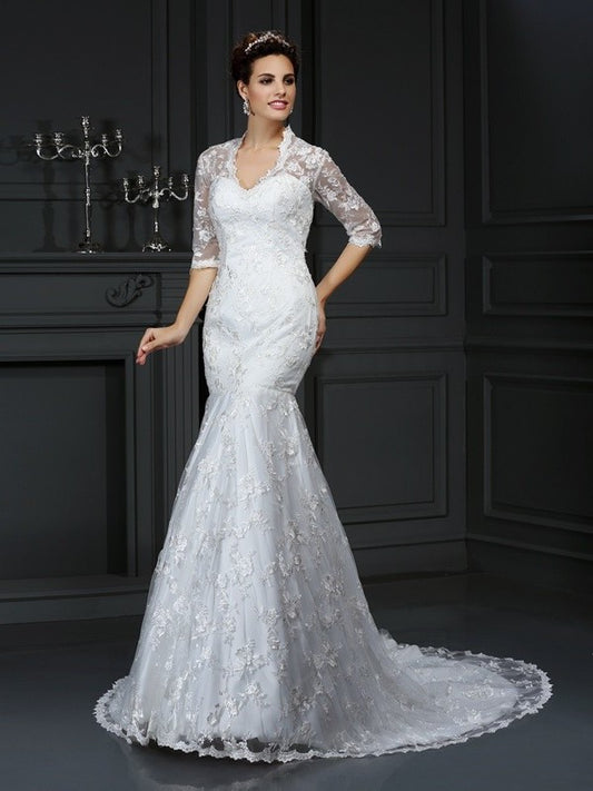 V-neck 1/2 Sleeves Trumpet/Mermaid Lace Long Lace Wedding Dresses