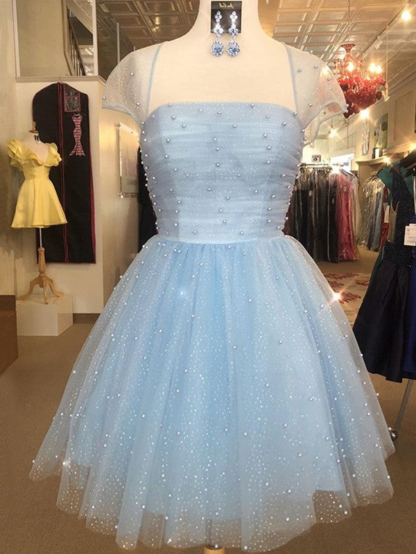 A-Line/Princess Short Sleeves Beading Tulle Strapless Short/Mini Homecoming Dresses