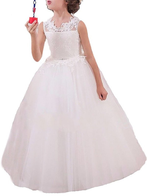 Floor-Length Jewel Sleeveless Applique Ball Tulle Gown Flower Girl Dresses