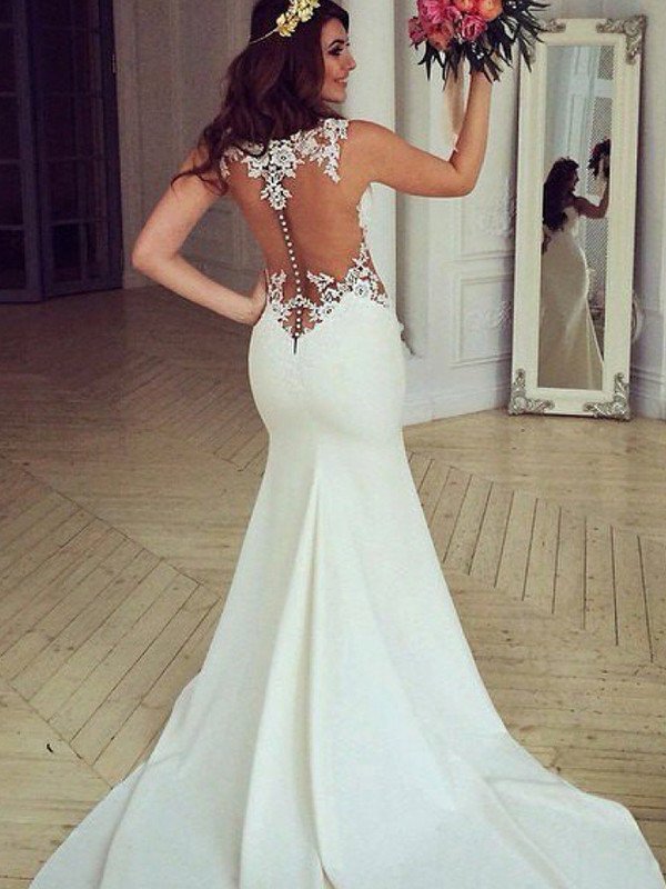 Trumpet/Mermaid Train Sweep/Brush Scoop Applique Sleeveless Lace Wedding Dresses