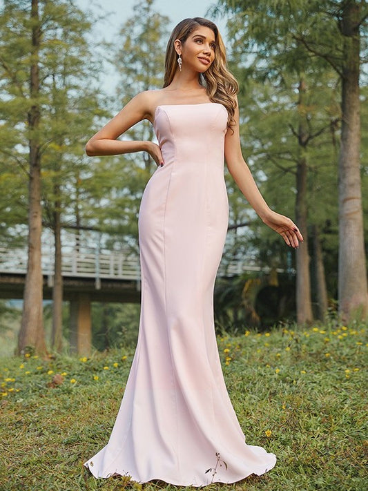 Stretch Strapless Sleeveless Sheath/Column Crepe Sweep/Brush Ruched Train Bridesmaid Dresses