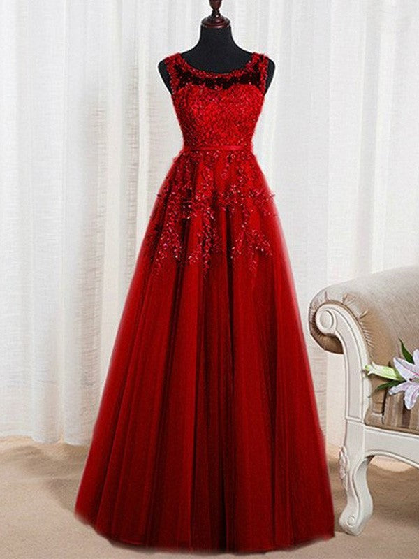 Sleeveless A-Line/Princess Scoop Floor-Length Tulle Beading Dresses