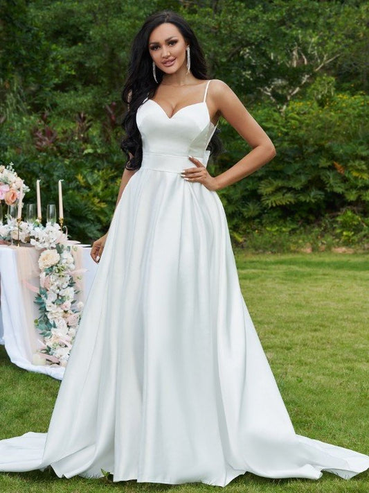 V-neck Bowknot Sweep/Brush Satin Sleeveless A-Line/Princess Train Wedding Dresses