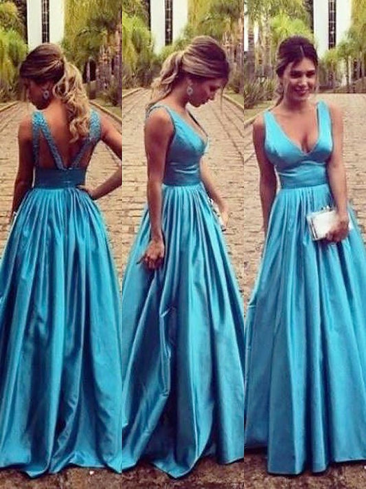 Woven Satin Sleeveless A-Line/Princess V-neck Elastic Ruched Floor-Length Dresses