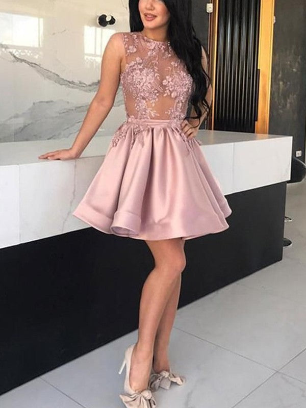 Applique Neck A-Line/Princess Sleeveless Sheer Satin Short/Mini Homecoming Dresses