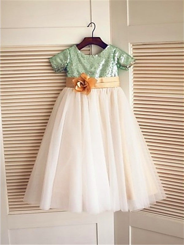 Sequin Short Tulle Tea-Length A-line/Princess Sleeves Scoop Flower Girl Dresses