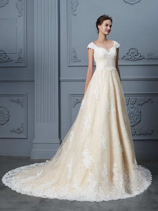 Sweetheart Gown Ball Court Sleeveless Train Beading Lace Wedding Dresses