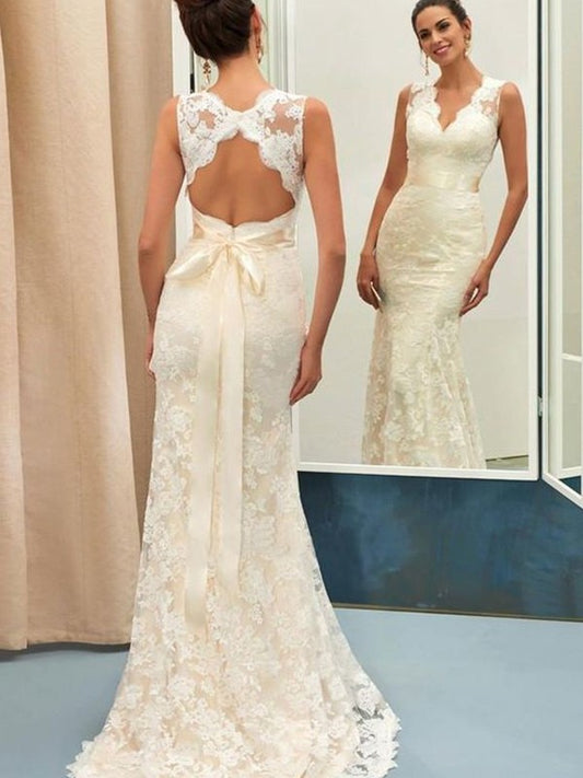 Trumpet/Mermaid Lace V-neck Sweep/Brush Sleeveless Sash/Ribbon/Belt Train Wedding Dresses