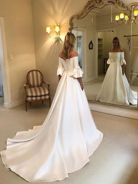 Sleeves Charmeuse Off-the-Shoulder Court A-Line/Princess 3/4 Ruffles Train Wedding Dresses