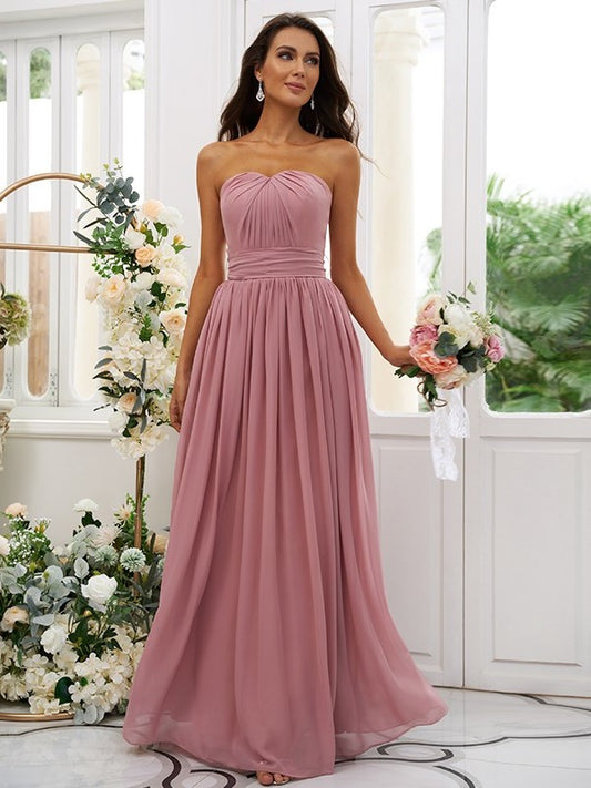 Strapless Sleeveless Ruffles A-Line/Princess Chiffon Floor-Length Bridesmaid Dresses