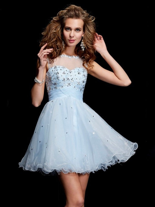 A-Line/Princess Scoop Woven Sleeveless Short Beading Elastic Satin Homecoming Dresses