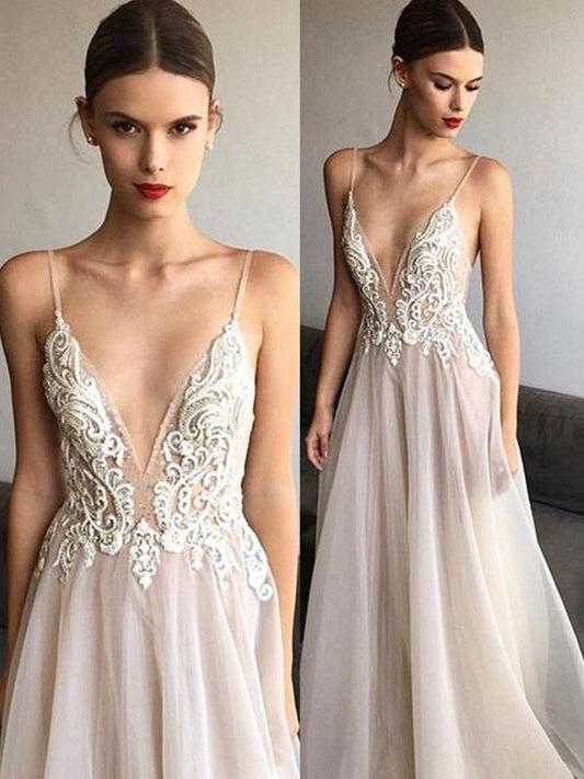 Spaghetti V-neck Sleeveless A-Line/Princess Straps Train Sweep/Brush Lace Organza Wedding Dresses