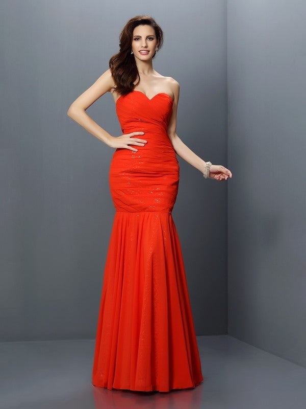 Trumpet/Mermaid Pleats Long Sleeveless Sweetheart Chiffon Bridesmaid Dresses