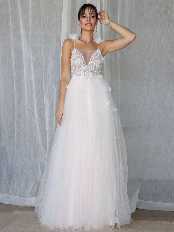 V-neck Sleeveless Tulle Beading A-Line/Princess Floor-Length Wedding Dresses