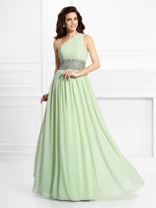 A-Line/Princess Sleeveless Beading One-Shoulder Long Chiffon Dresses