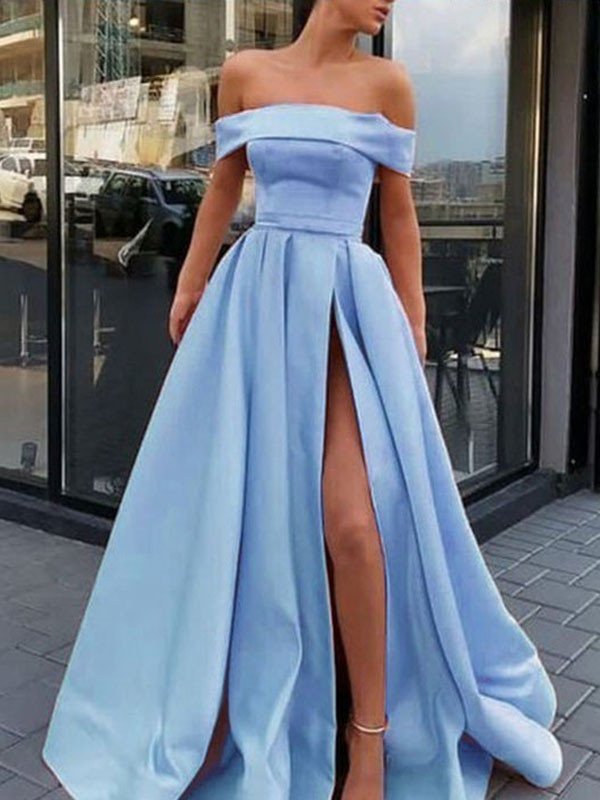 Sleeveless Sweep/Brush A-Line/Princess Train Off-the-Shoulder Ruffles Satin Dresses