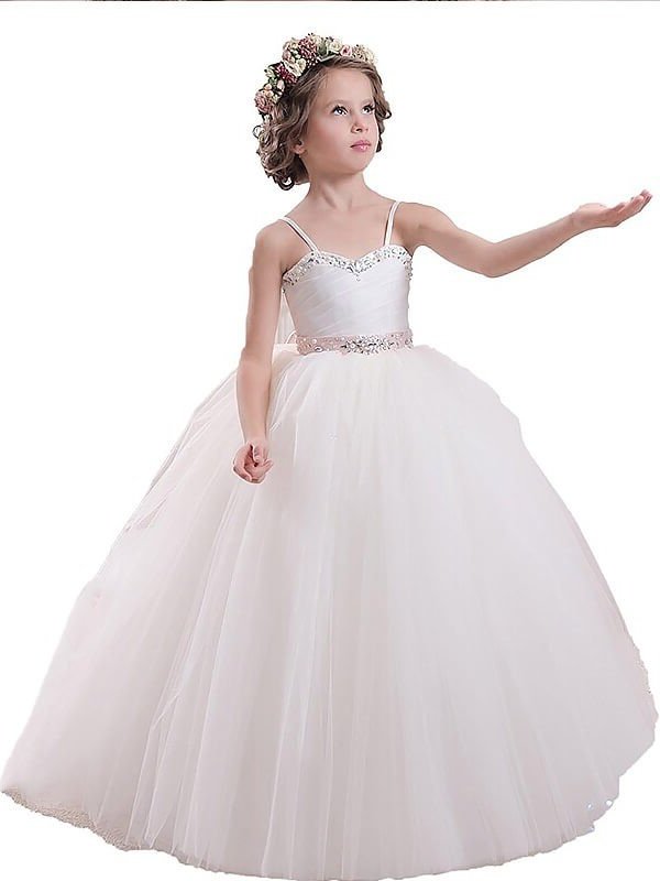 Floor-Length Sash/Ribbon/Belt Gown Spaghetti Tulle Sleeveless Ball Straps Flower Girl Dresses