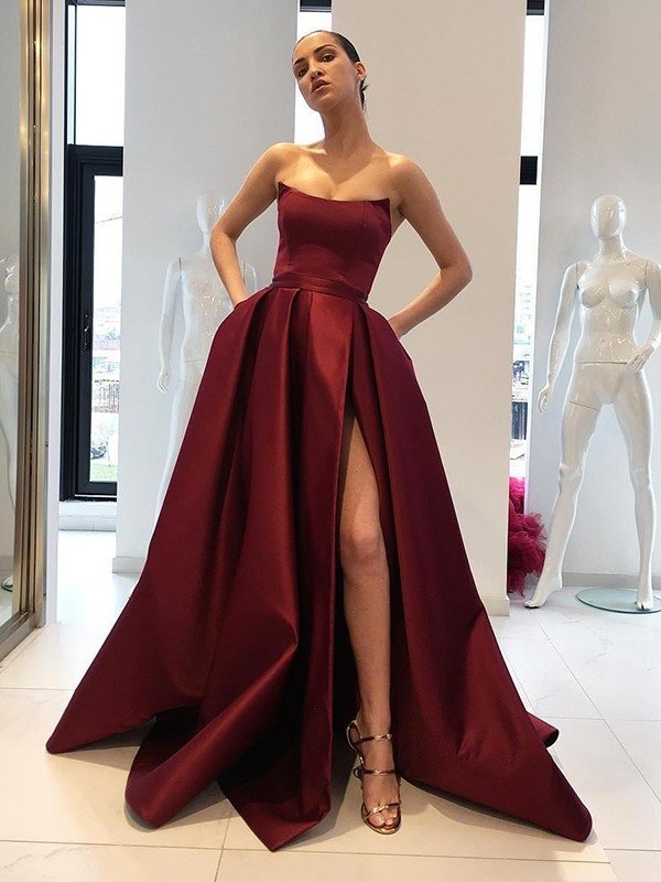 Sleeveless Gown Strapless Sweep/Brush Ball Train Ruffles Satin Dresses