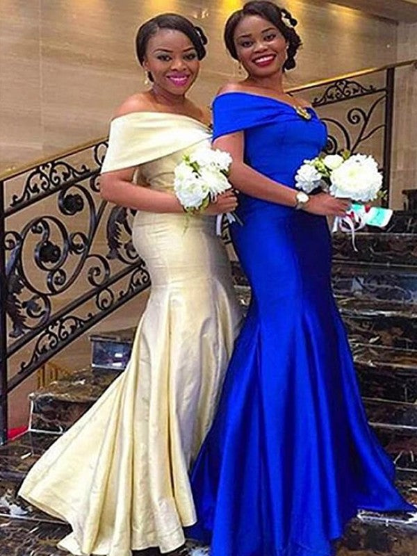 Trumpet/Mermaid Sleeveless Off-the-Shoulder Sweep/Brush Ruffles Train Satin Bridesmaid Dresses