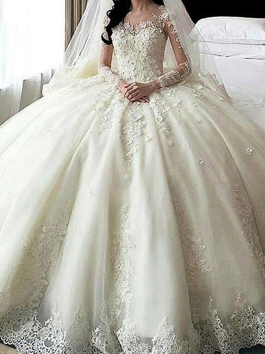 Train Gown Long Sleeves Scoop Cathedral Lace Ball Applique Tulle Wedding Dresses