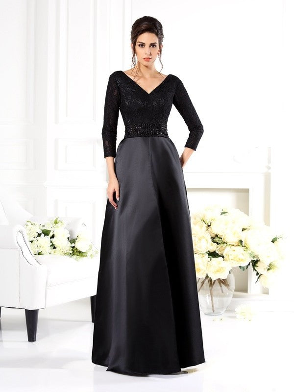 Sleeves 3/4 of V-neck Satin A-Line/Princess Mother Beading Long the Bride Dresses