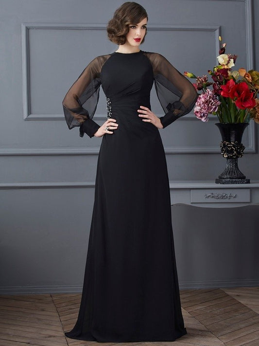 Scoop Long Sleeves Beading Sheath/Column Long Chiffon Dresses