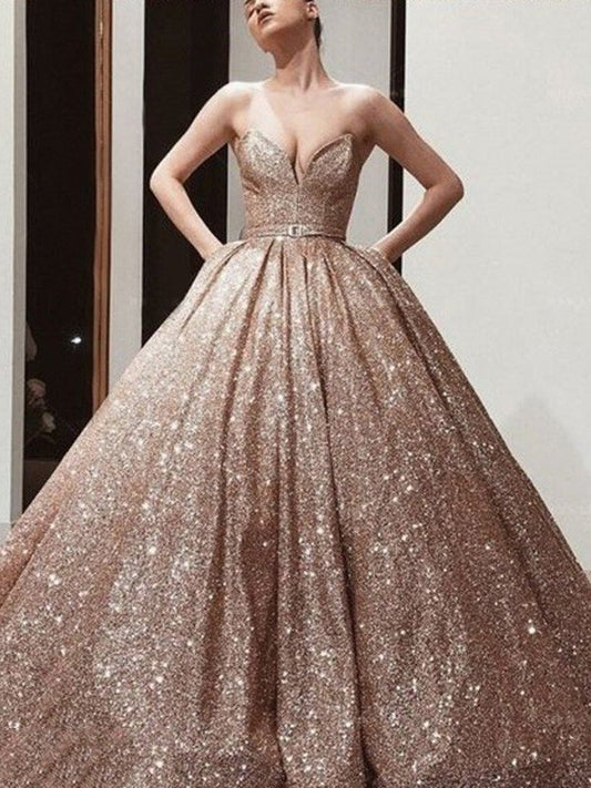 Sash/Ribbon/Belt Sweetheart Ball Sequins Gown Sleeveless Floor-Length Dresses