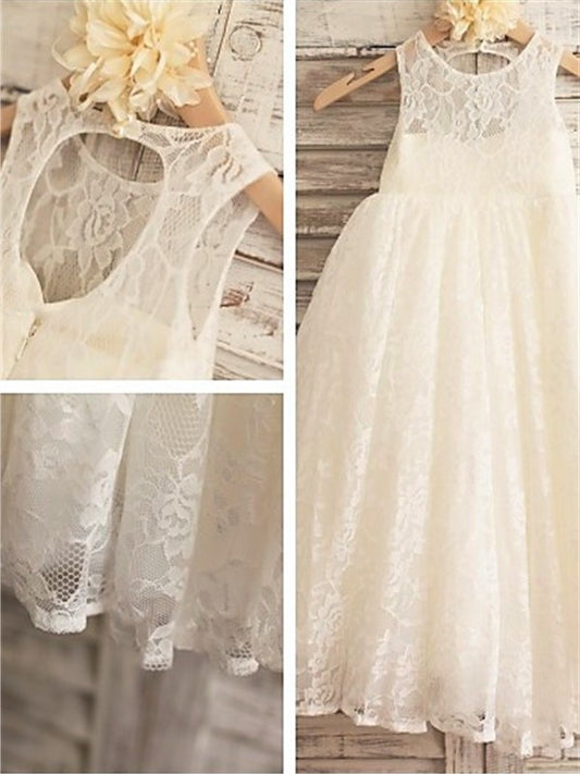 Ankle-Length Scoop A-line/Princess Sleeveless Lace Flower Girl Dresses