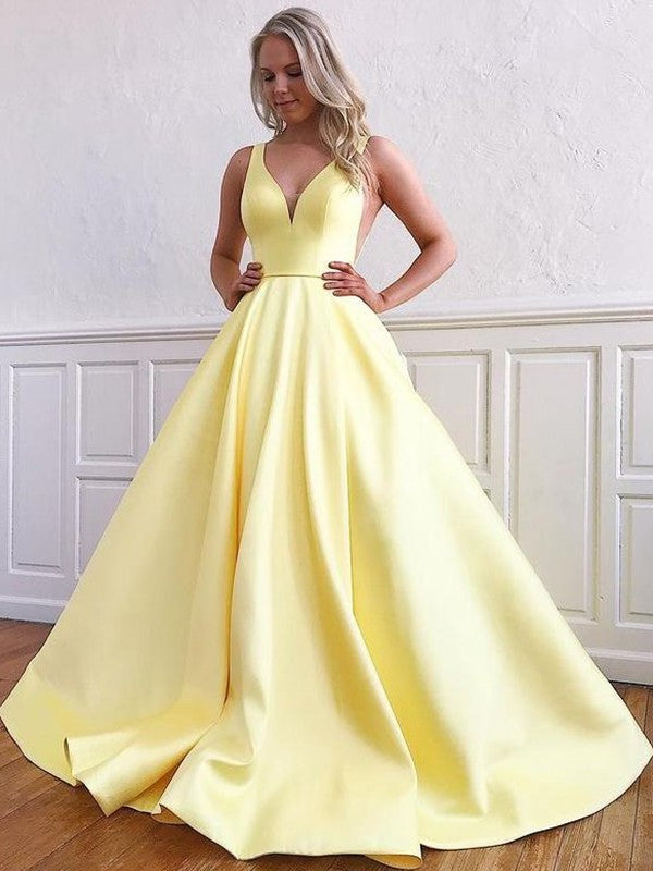 Sleeveless Ruffles A-Line/Princess V-neck Satin Sweep/Brush Train Dresses