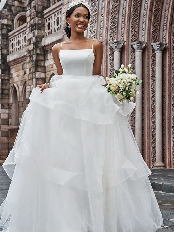 Tulle A-Line/Princess Sleeveless Straps Spaghetti Sweep/Brush Ruffles Train Wedding Dresses