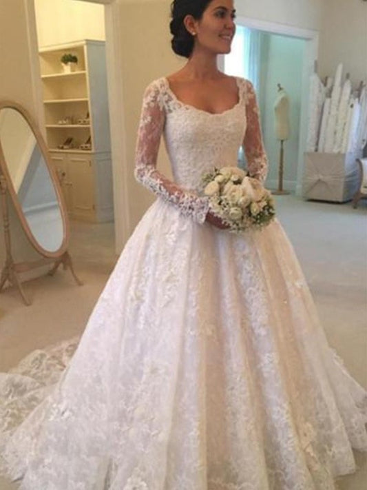 Gown Ruffles Scoop Ball Train Long Cathedral Sleeves Lace Wedding Dresses