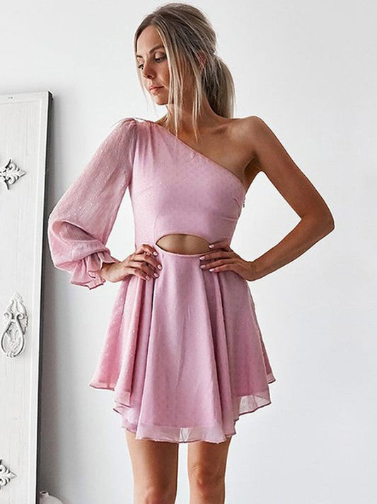 Homecoming Dresses A-Line/Princess Myla Chiffon One-Shoulder Long Sleeves Ruffles Short/Mini Dresses