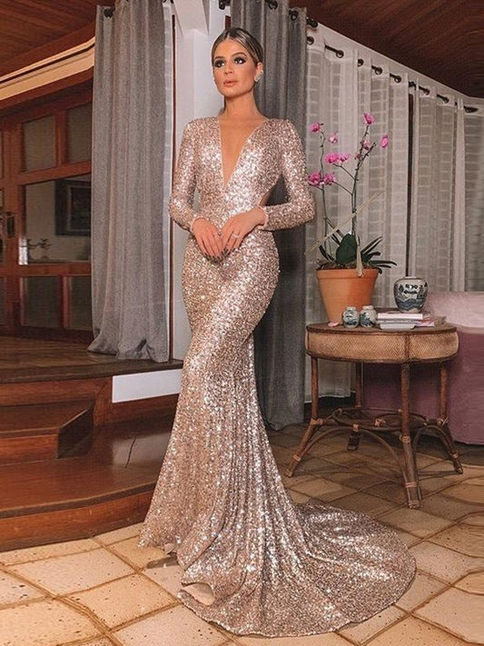 Trumpet/Mermaid Sequins V-neck Sleeves Long Sweep/Brush Train Ruffles Dresses