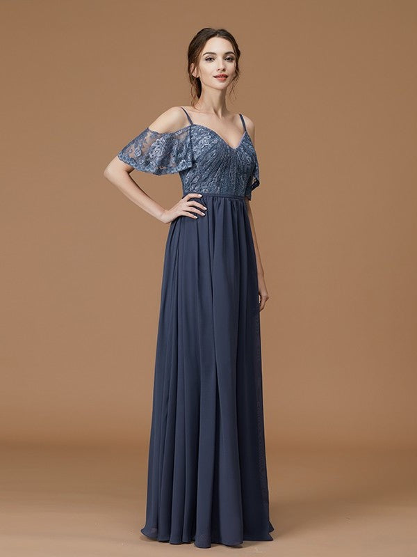 Straps Floor-Length A-Line/Princess Sleeveless Lace Spaghetti Chiffon Bridesmaid Dresses