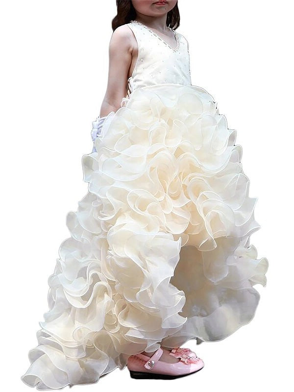 Sleeveless A-line/Princess Ruffles Asymmetrical Organza V-neck Flower Girl Dresses