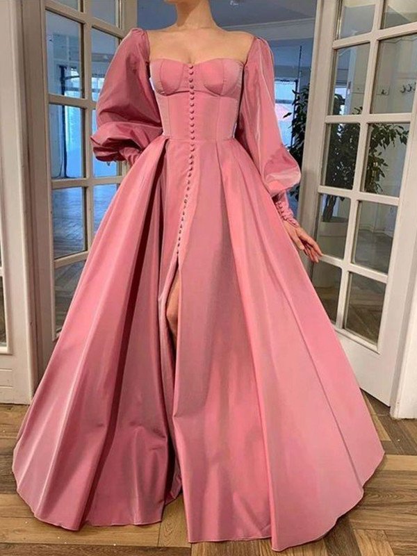 A-Line/Princess Long Ruffles Sleeves Square Satin Floor-Length Dresses