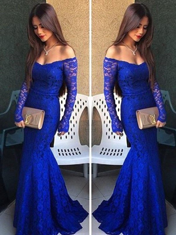 Long Sleeves Trumpet/Mermaid Off-the-Shoulder Lace Sweep/Brush Train Dresses