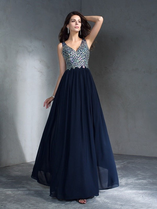 A-Line/Princess V-neck Sleeveless Beading Long Chiffon Dresses