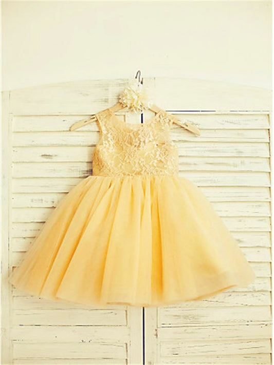 Tulle A-line/Princess Tea-Length Sleeveless Lace Scoop Flower Girl Dresses